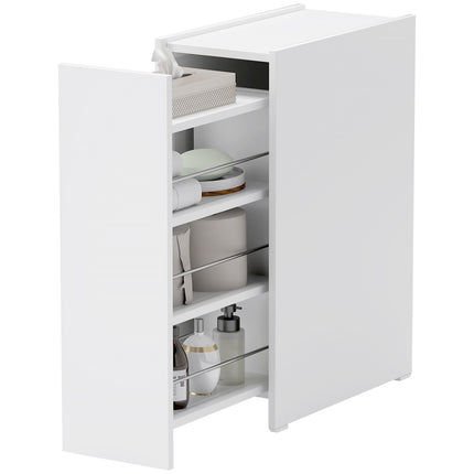 White narrow bathroom cabinet with wheels, 3 drawers