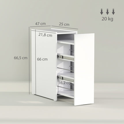 White narrow bathroom cabinet with wheels, 3 drawers