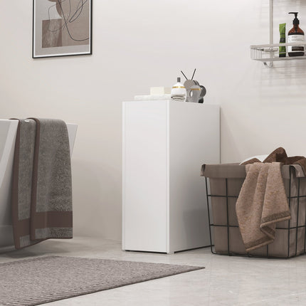 White narrow bathroom cabinet with wheels, 3 drawers