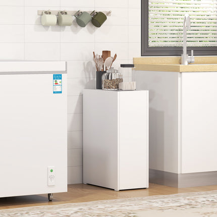 White narrow bathroom cabinet with wheels, 3 drawers