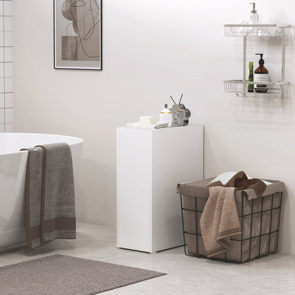 White narrow bathroom cabinet with wheels, 3 drawers