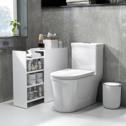 White narrow bathroom cabinet with wheels, 3 drawers