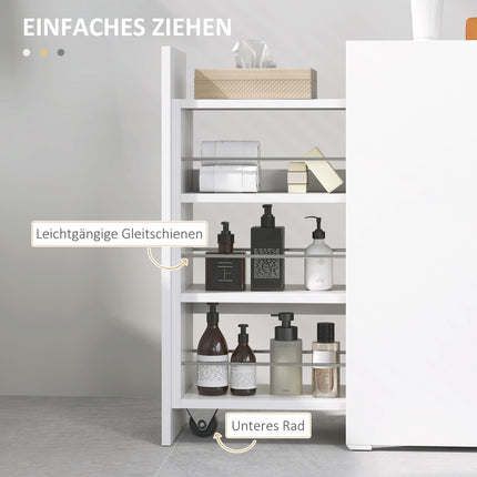 White narrow bathroom cabinet with wheels, 3 drawers