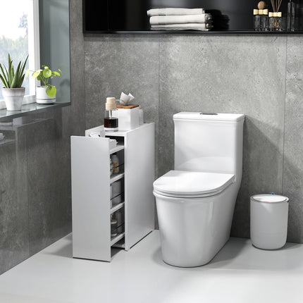 White narrow bathroom cabinet with wheels, 3 drawers