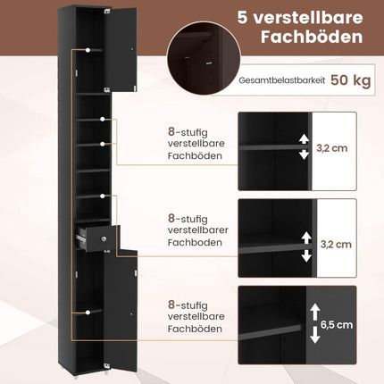 Narrow bathroom cabinet with 2 doors & 1 drawer tall cabinet 20 x 20 x 180 cm black