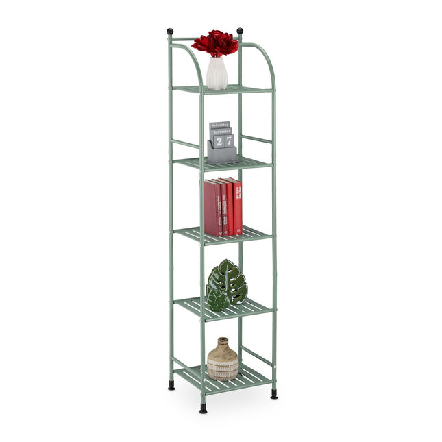 Narrow floor-standing shelf with 5 shelves