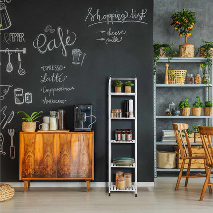 Narrow floor-standing shelf with 5 shelves