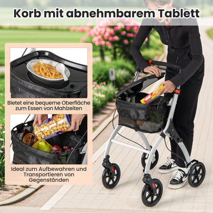 Narrow rollator with 5-way height adjustment & tray & 4 wheels & brakes walking aid