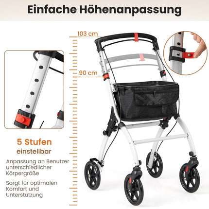 Narrow rollator with 5-way height adjustment & tray & 4 wheels & brakes walking aid