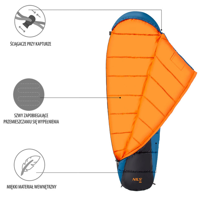 Marineblauw-oranje slaapzak, lichtgewicht, compact