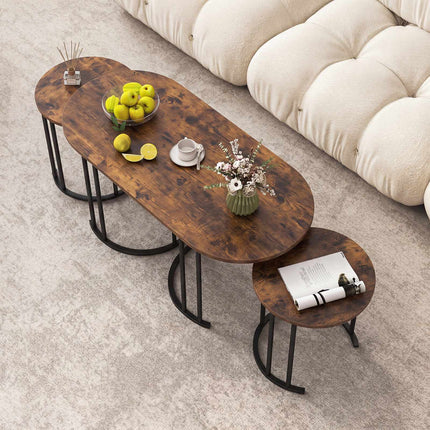 Nesting Coffee Table Set, Rustic Brown, Metal Frame