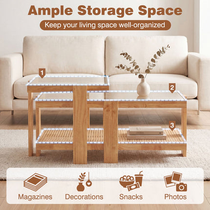 Nesting Coffee Tables Set, Rattan Accent, Tempered Glass