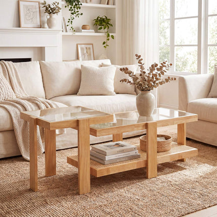 Nesting Coffee Tables Set, Rattan Accent, Tempered Glass