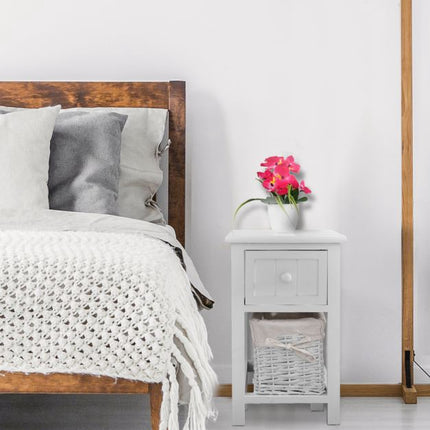 Nightstand, 2-Tier Paulownia Wood with Drawer and Basket