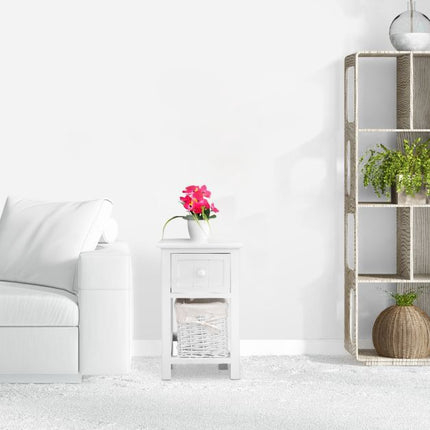 Nightstand, 2-Tier Paulownia Wood with Drawer and Basket