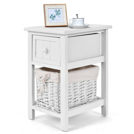Nightstand, 2-Tier Paulownia Wood with Drawer and Basket