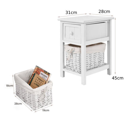 Nightstand, 2-Tier Paulownia Wood with Drawer and Basket