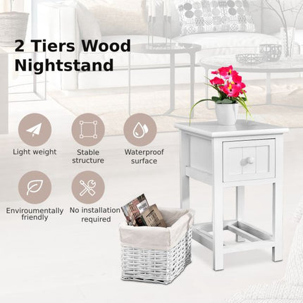 Nightstand, 2-Tier Paulownia Wood with Drawer and Basket