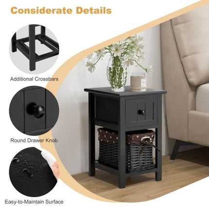 Nightstand, 2-Tier Wood with Drawer and Basket, Black