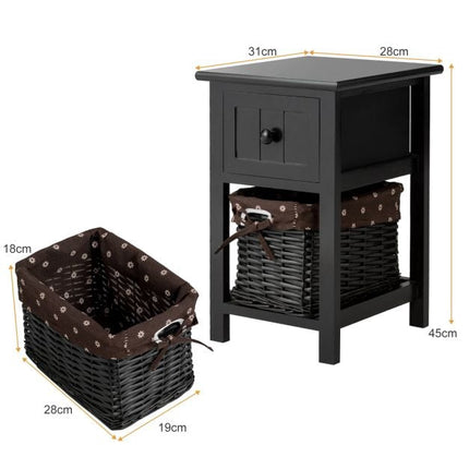 Nightstand, 2-Tier Wood with Drawer and Basket, Black