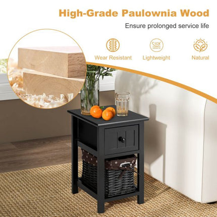 Nightstand, 2-Tier Wood with Drawer and Basket, Black
