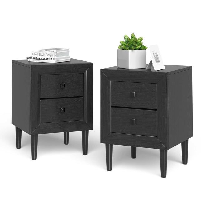 Nightstand Set of 2, 2-Drawer, Rubberwood Legs, Black