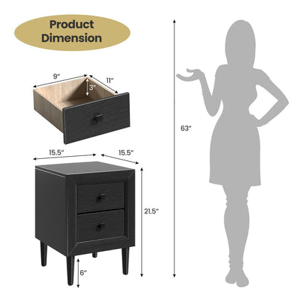 Nightstand Set of 2, 2-Drawer, Rubberwood Legs, Black