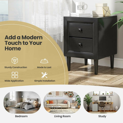 Nightstand Set of 2, 2-Drawer, Rubberwood Legs, Black
