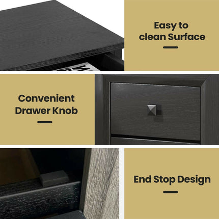 Nightstand Set of 2, 2-Drawer, Rubberwood Legs, Black