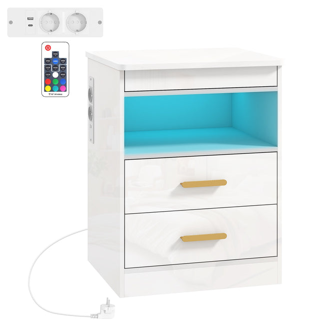 Nightstand With Charging Station, RGB LED, 2-Drawer, High-Gloss White