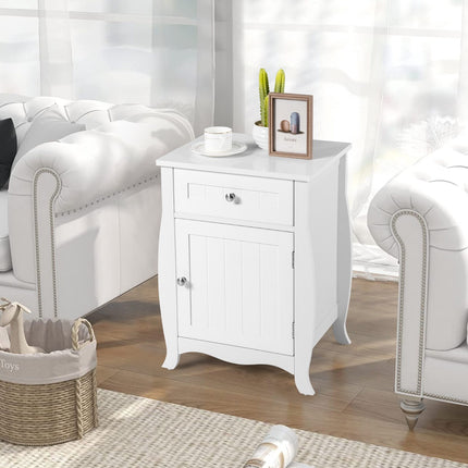 Nightstand With Drawer and Cabinet, Curved Legs, White
