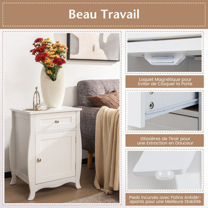 Nightstand With Drawer and Cabinet, Curved Legs, White
