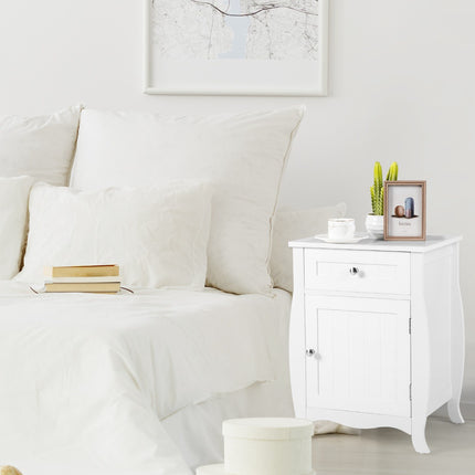 Nightstand With Drawer and Cabinet, Curved Legs, White