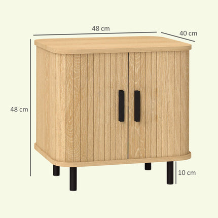 Nightstand With Sliding Slatted Doors, Steel Legs, Oak
