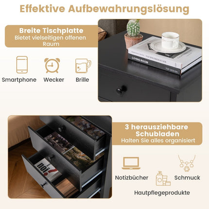 Nightstand with 3 Drawers, Black, 56 x 45 x 66 cm