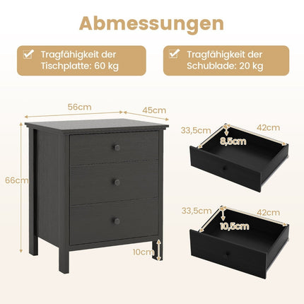 Nightstand with 3 Drawers, Black, 56 x 45 x 66 cm