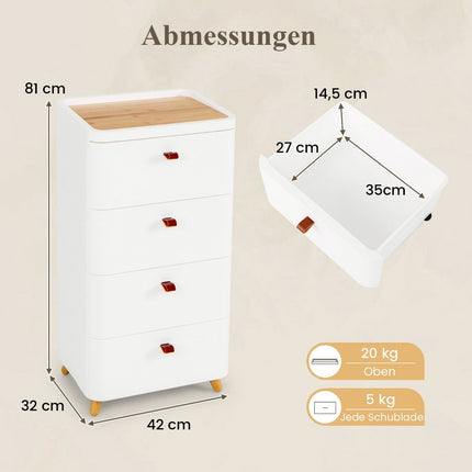 Nightstand with 4 drawers bedside table chest of drawers with removable organizer tray white 42 x 32 x 81.5 cm