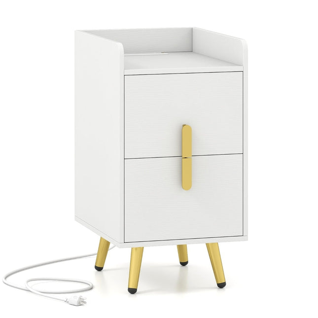 Nightstand with Charging Station, 2 Drawers, Metal Legs, White