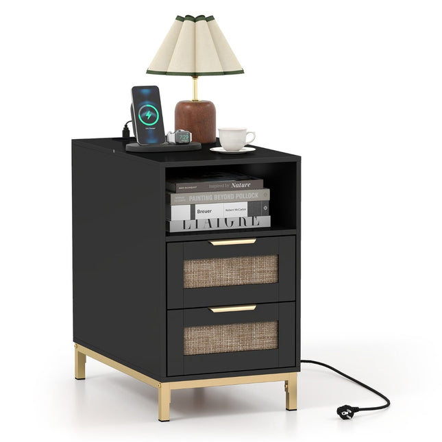 Nightstand with Charging Station, 2 Drawers, Rattan & Wood