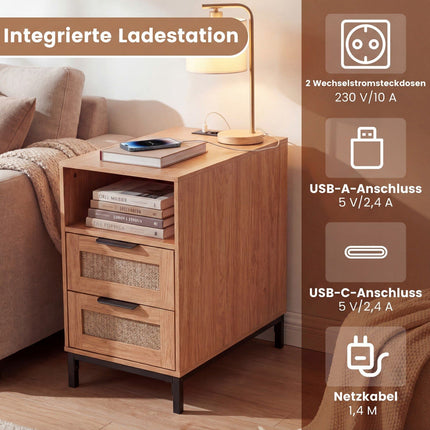 Nightstand with Charging Station & 2 Drawers, Rattan & Wood