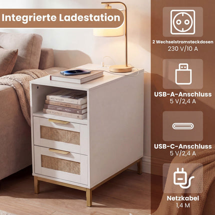 Nightstand with Charging Station & 2 Drawers, Rattan & Wood
