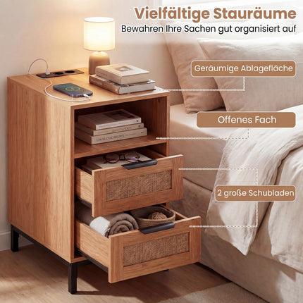 Nightstand with Charging Station & 2 Drawers, Rattan & Wood