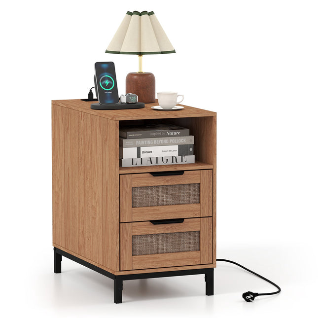 Nightstand with Charging Station & 2 Drawers, Rattan & Wood