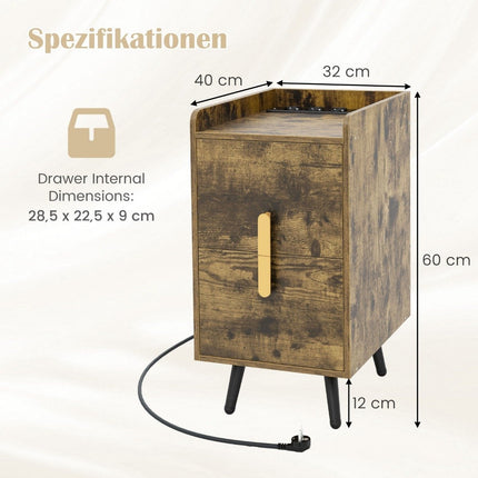 Nightstand with Charging Station, 2 Drawers, USB Ports, 40x32x60 cm
