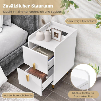 Nightstand with Charging Station, 2 Drawers, USB Ports, White
