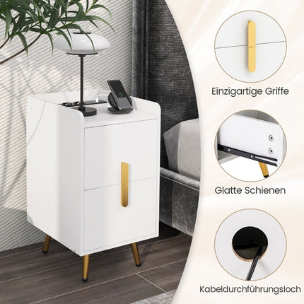 Nightstand with Charging Station, 2 Drawers, USB Ports, White