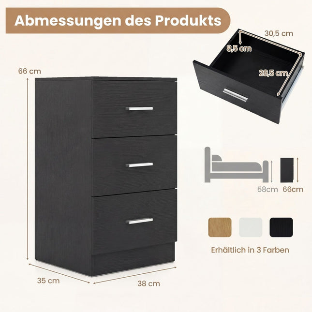 Nightstand with Charging Station, 3 Drawers, Black