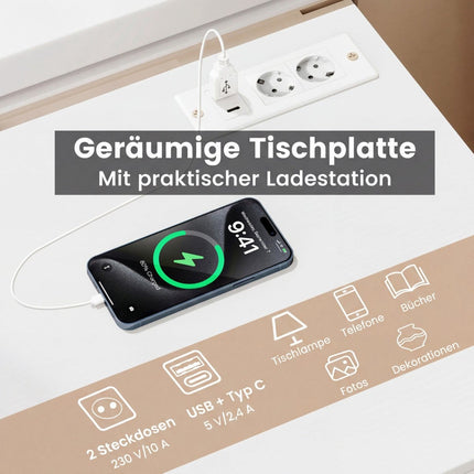 Nightstand with Charging Station, 3 Drawers, White, 38x35x66 cm