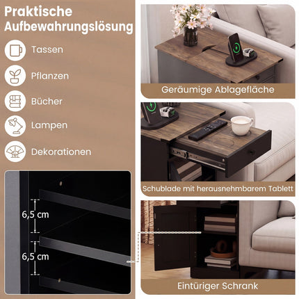 Nightstand with Charging Station, Drawer, Foldable Top, Black
