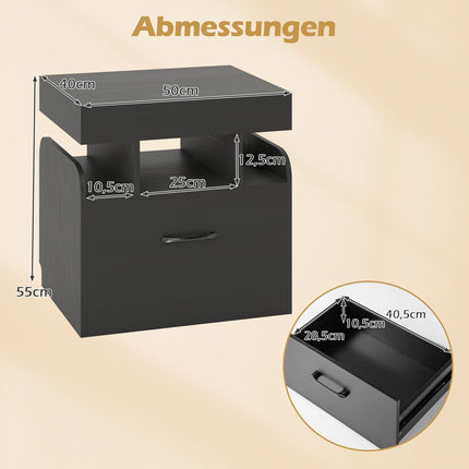 Nightstand with Charging Station, Drawer & Open Shelves, Black